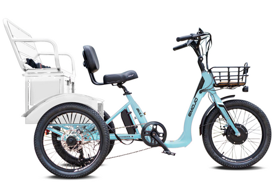 Light blue tricycle with a basket on a white background