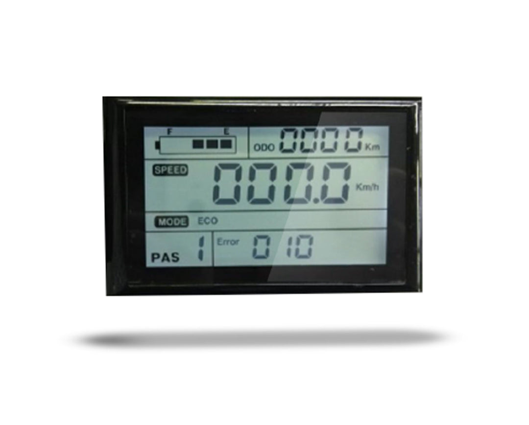 An LCD bicycle computer with a black frame and a digital display showing various metrics like speed and power mode.